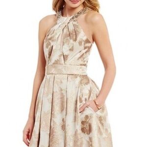 Gold Eliza J beaded halter jacquard ball gown size 10